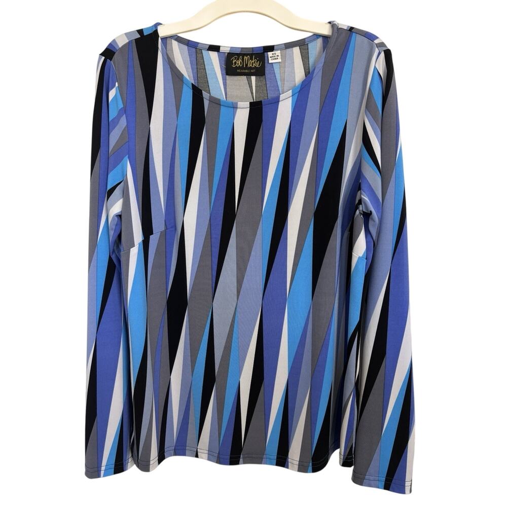 Bob Mackie Wearable Art Abstract Geometric Blue Blouse Top Size XS Stretch